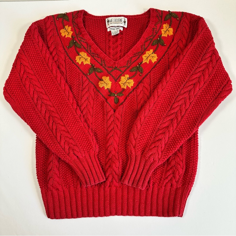 Vintage‎ Cable Knit Red Sweater Small Embroidered Leaf Fall Cottagecore Grandpa